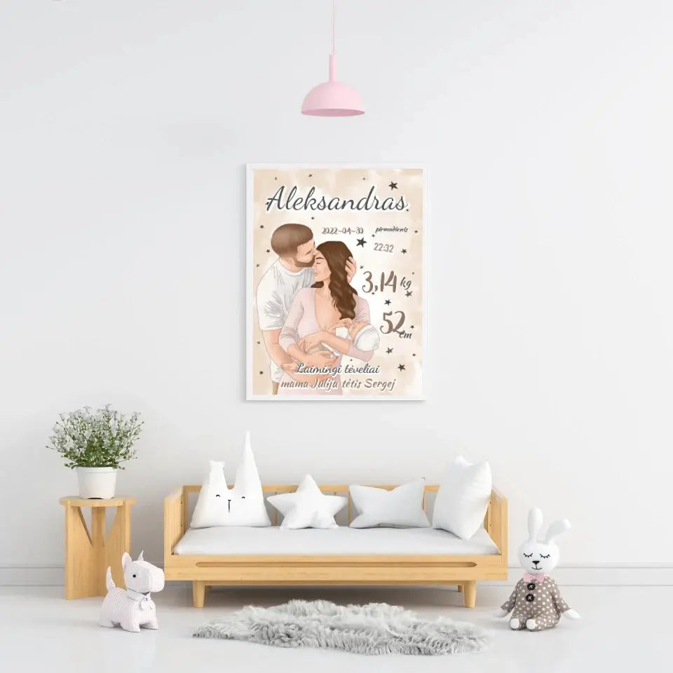 Personalizuota Berniuko Gimimo Metrikų Iliustracija, plakatas su rėmeliu  Customizer -  dovanokis.lt