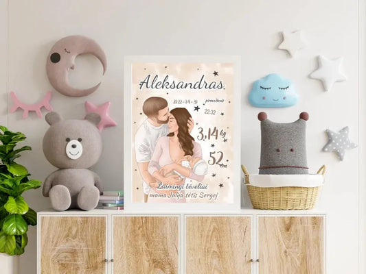 Personalizuota Berniuko Gimimo Metrikų Iliustracija, plakatas su rėmeliu  Customizer -  dovanokis.lt