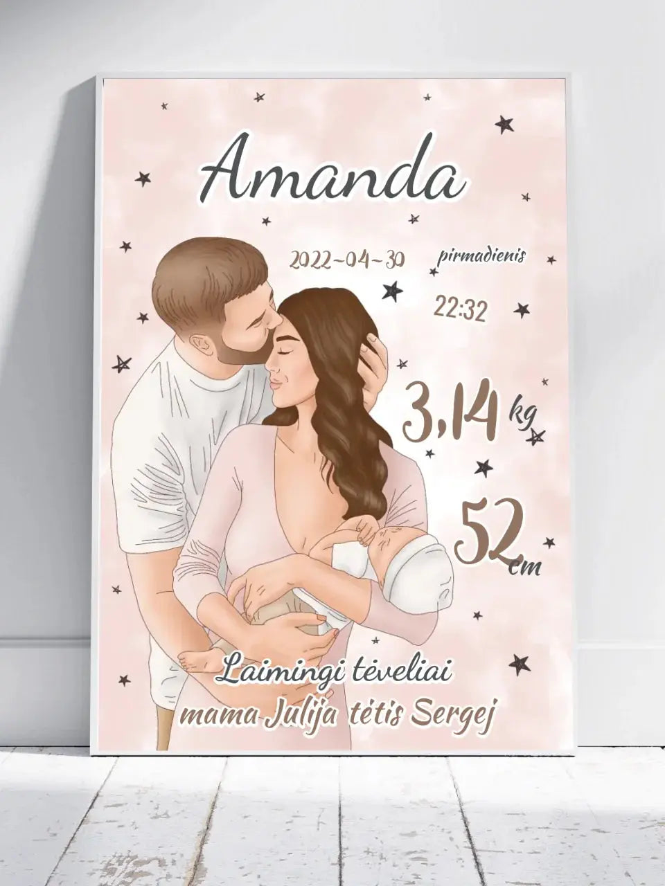 Personalizuota Mergaitės Gimimo Metrikų Iliustracija, plakatas su rėmeliu  Customizer -  dovanokis.lt