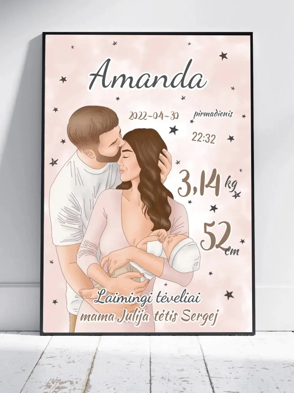 Personalizuota Mergaitės Gimimo Metrikų Iliustracija, plakatas su rėmeliu  Customizer -  dovanokis.lt
