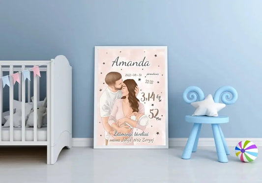 Personalizuota Mergaitės Gimimo Metrikų Iliustracija, plakatas su rėmeliu  Customizer -  dovanokis.lt