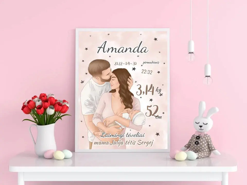 Personalizuota Mergaitės Gimimo Metrikų Iliustracija, plakatas su rėmeliu  Customizer -  dovanokis.lt