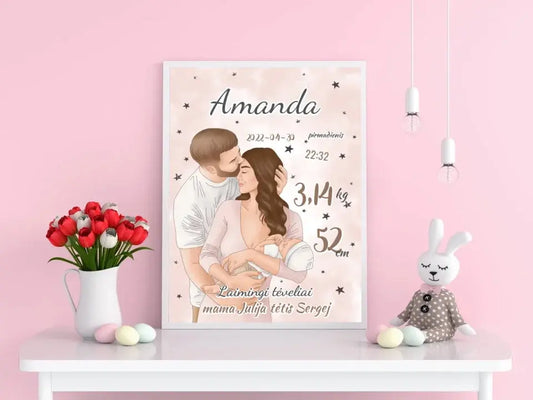 Personalizuota Mergaitės Gimimo Metrikų Iliustracija, plakatas su rėmeliu  Customizer -  dovanokis.lt