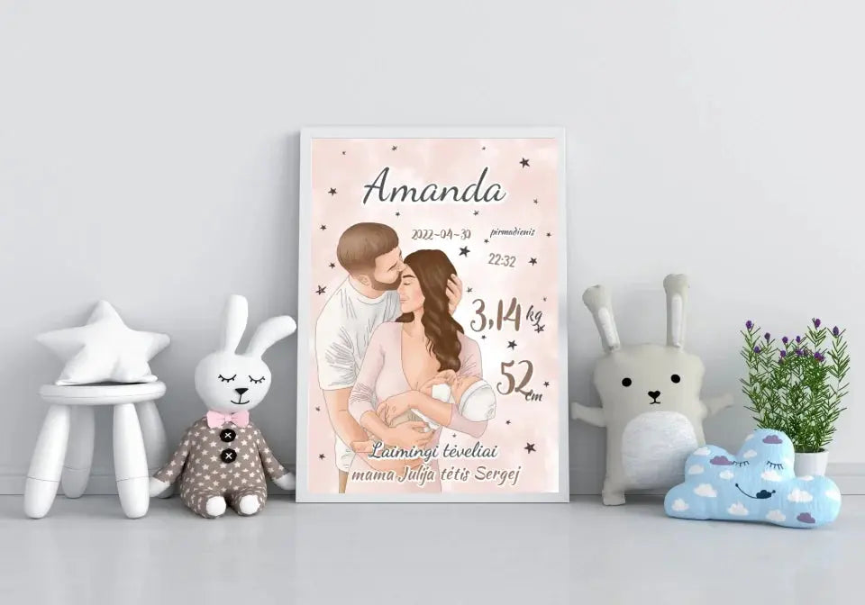 Personalizuota Mergaitės Gimimo Metrikų Iliustracija, plakatas su rėmeliu  Customizer -  dovanokis.lt