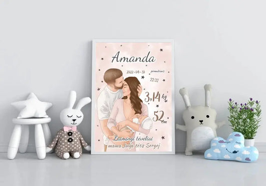 Personalizuota Mergaitės Gimimo Metrikų Iliustracija, plakatas su rėmeliu  Customizer -  dovanokis.lt