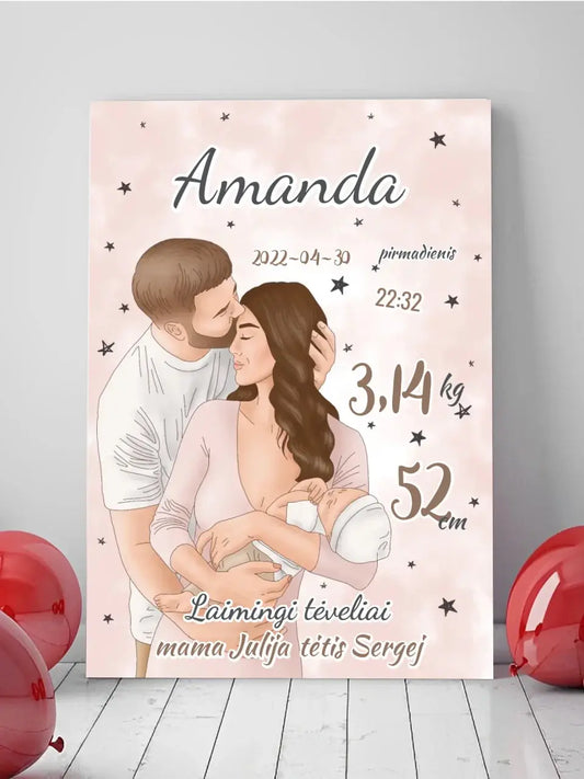 Personalizuota Mergaitės Gimimo Metrikų Iliustracija ant drobės  Drobe -  dovanokis.lt