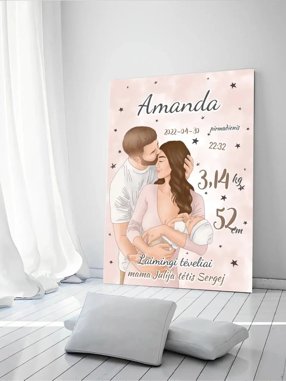 Personalizuota Mergaitės Gimimo Metrikų Iliustracija ant drobės  Drobe -  dovanokis.lt