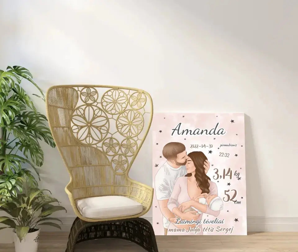 Personalizuota Mergaitės Gimimo Metrikų Iliustracija ant drobės  Drobe -  dovanokis.lt