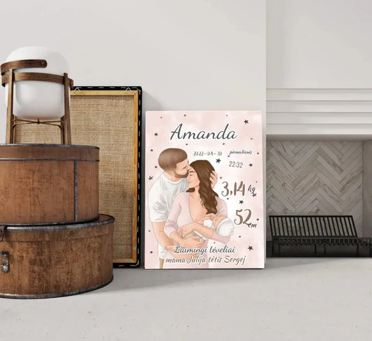 Personalizuota Mergaitės Gimimo Metrikų Iliustracija ant drobės  Drobe -  dovanokis.lt