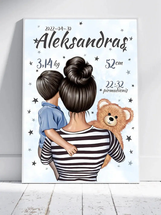 Personalizuota Berniuko Gimimo Metrikų Iliustracija, plakatas su rėmeliu  Customizer -  dovanokis.lt