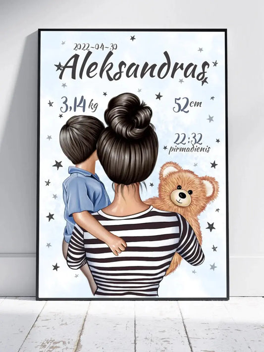 Personalizuota Berniuko Gimimo Metrikų Iliustracija, plakatas su rėmeliu  Customizer -  dovanokis.lt