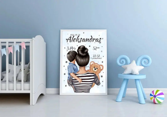 Personalizuota Berniuko Gimimo Metrikų Iliustracija, plakatas su rėmeliu  Customizer -  dovanokis.lt
