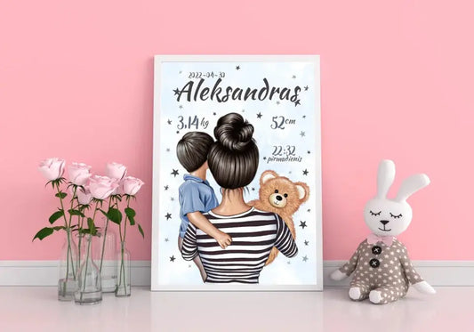Personalizuota Berniuko Gimimo Metrikų Iliustracija, plakatas su rėmeliu  Customizer -  dovanokis.lt