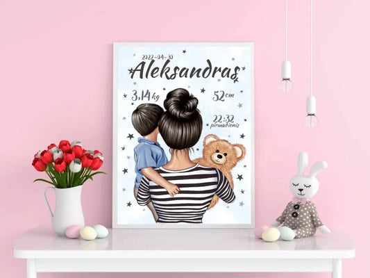 Personalizuota Berniuko Gimimo Metrikų Iliustracija, plakatas su rėmeliu  Customizer -  dovanokis.lt