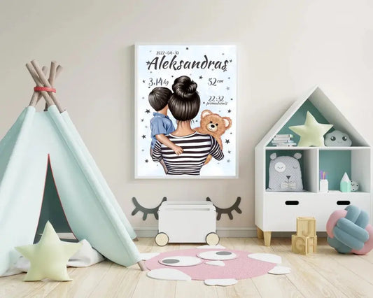 Personalizuota Berniuko Gimimo Metrikų Iliustracija, plakatas su rėmeliu  Customizer -  dovanokis.lt