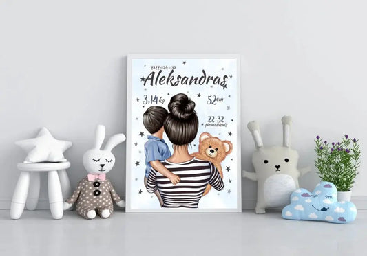 Personalizuota Berniuko Gimimo Metrikų Iliustracija, plakatas su rėmeliu  Customizer -  dovanokis.lt