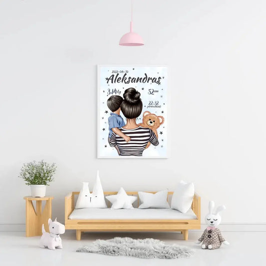 Personalizuota Berniuko Gimimo Metrikų Iliustracija, plakatas su rėmeliu  Customizer -  dovanokis.lt