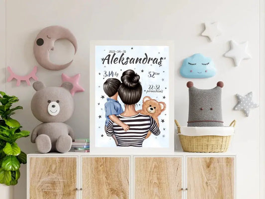 Personalizuota Berniuko Gimimo Metrikų Iliustracija, plakatas su rėmeliu  Customizer -  dovanokis.lt
