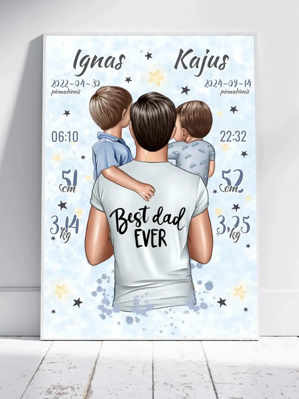 Personalizuota 2 Berniuku Gimimo Metrikų Iliustracija, plakatas su rėmeliu  Customizer -  dovanokis.lt