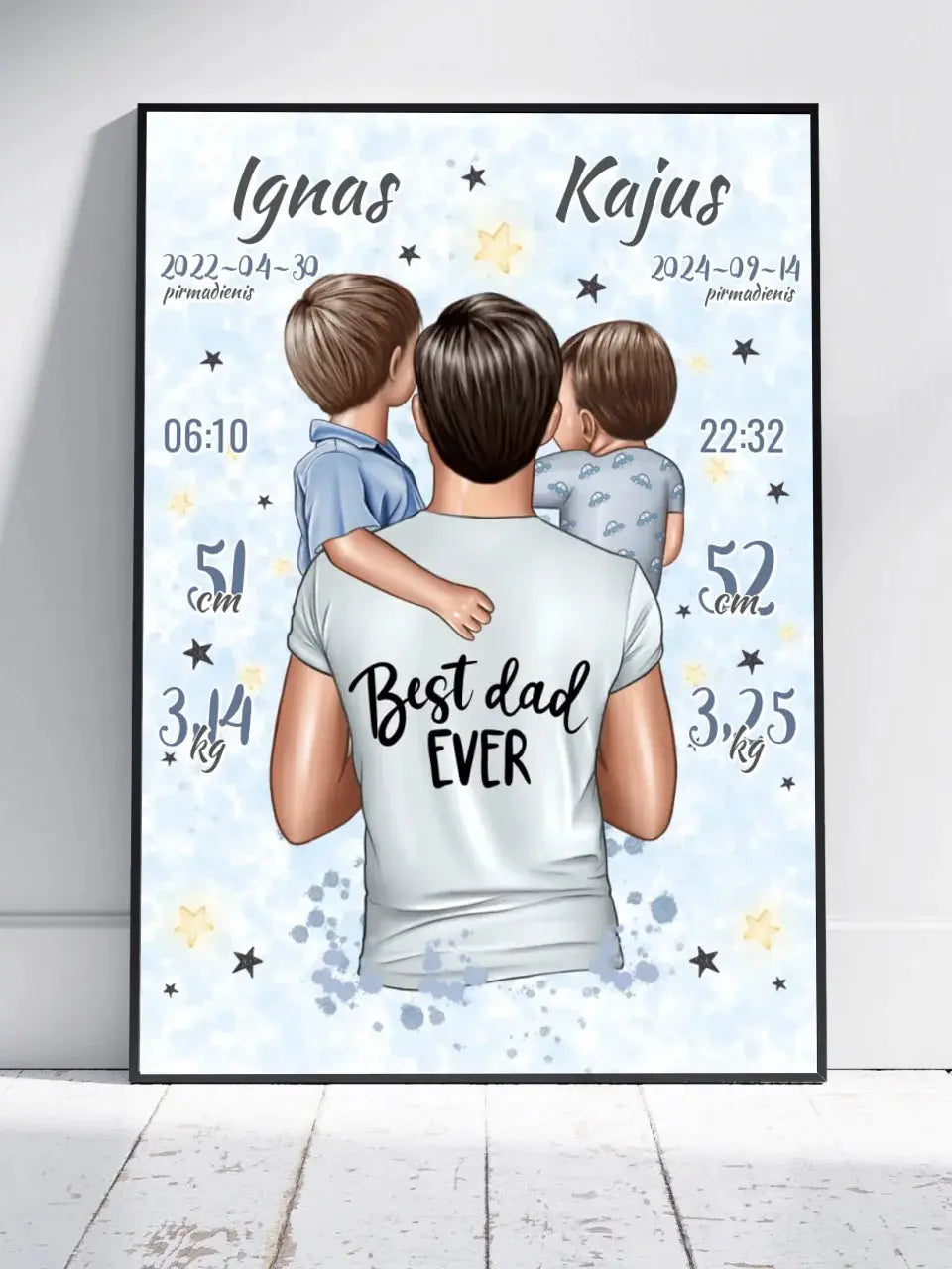 Personalizuota 2 Berniuku Gimimo Metrikų Iliustracija, plakatas su rėmeliu  Customizer -  dovanokis.lt