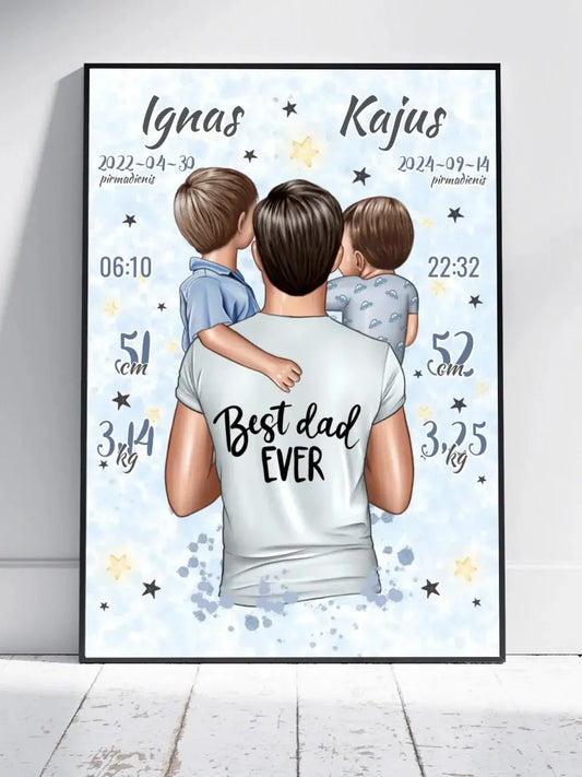 Personalizuota 2 Berniuku Gimimo Metrikų Iliustracija, plakatas su rėmeliu  Customizer -  dovanokis.lt