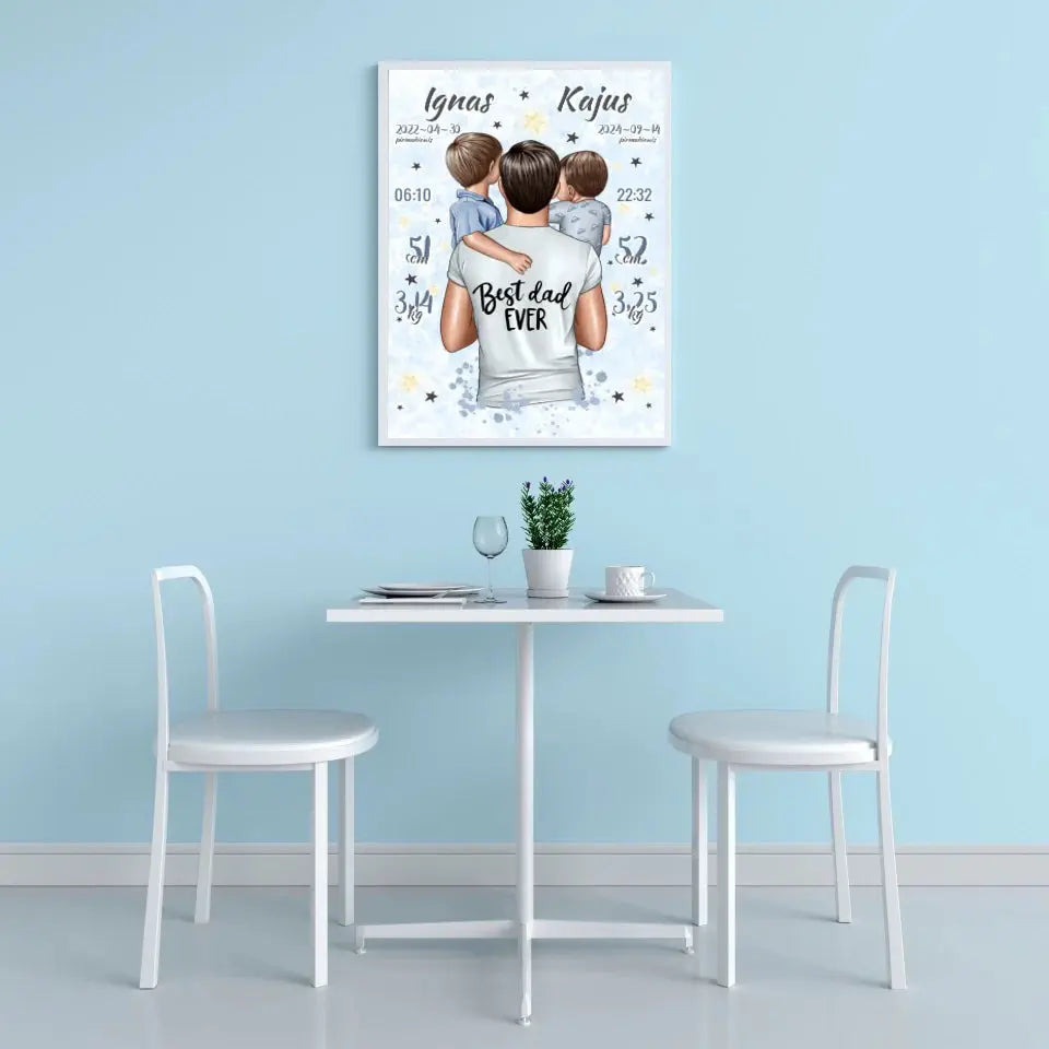 Personalizuota 2 Berniuku Gimimo Metrikų Iliustracija, plakatas su rėmeliu  Customizer -  dovanokis.lt
