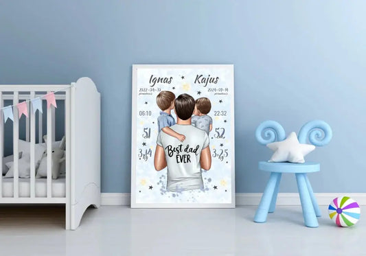 Personalizuota 2 Berniuku Gimimo Metrikų Iliustracija, plakatas su rėmeliu  Customizer -  dovanokis.lt