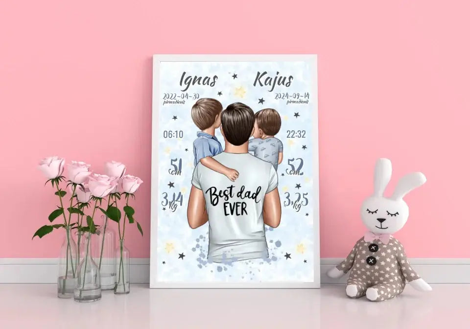 Personalizuota 2 Berniuku Gimimo Metrikų Iliustracija, plakatas su rėmeliu  Customizer -  dovanokis.lt