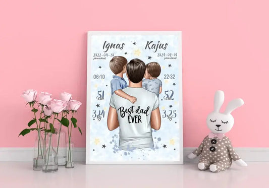 Personalizuota 2 Berniuku Gimimo Metrikų Iliustracija, plakatas su rėmeliu  Customizer -  dovanokis.lt