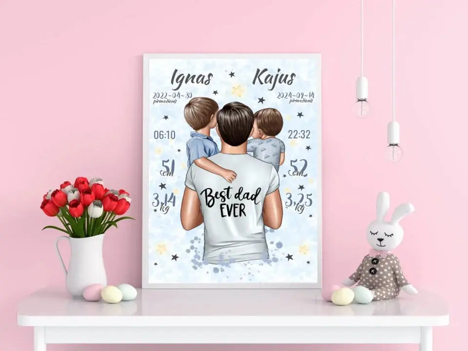 Personalizuota 2 Berniuku Gimimo Metrikų Iliustracija, plakatas su rėmeliu  Customizer -  dovanokis.lt