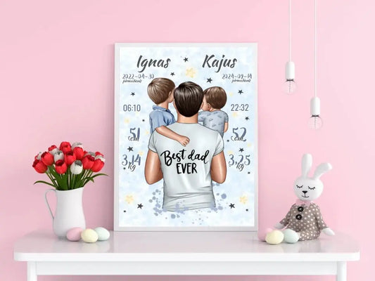 Personalizuota 2 Berniuku Gimimo Metrikų Iliustracija, plakatas su rėmeliu  Customizer -  dovanokis.lt