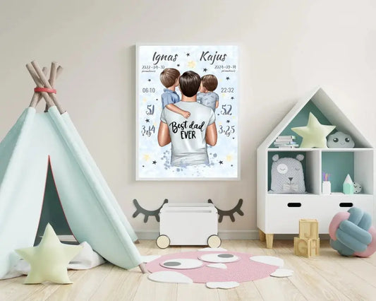 Personalizuota 2 Berniuku Gimimo Metrikų Iliustracija, plakatas su rėmeliu  Customizer -  dovanokis.lt