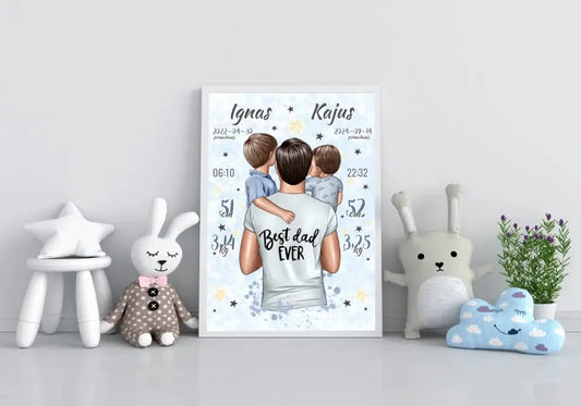 Personalizuota 2 Berniuku Gimimo Metrikų Iliustracija, plakatas su rėmeliu  Customizer -  dovanokis.lt