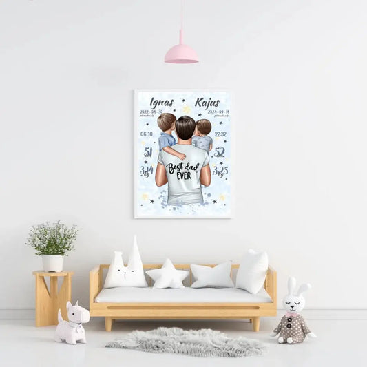 Personalizuota 2 Berniuku Gimimo Metrikų Iliustracija, plakatas su rėmeliu  Customizer -  dovanokis.lt