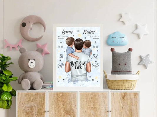 Personalizuota 2 Berniuku Gimimo Metrikų Iliustracija, plakatas su rėmeliu  Customizer -  dovanokis.lt