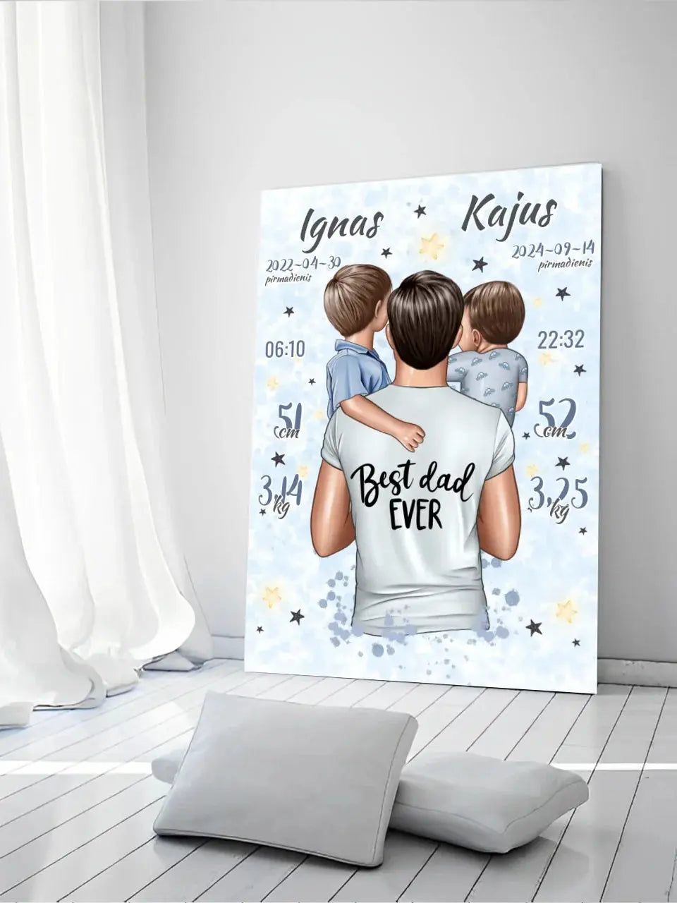 Personalizuota 2 Berniuku Gimimo Metrikų Iliustracija ant drobės  Drobe -  dovanokis.lt