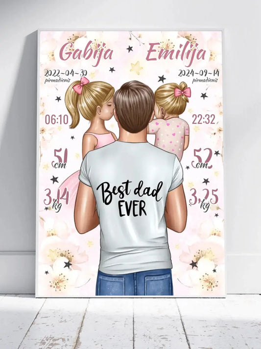 Personalizuota 2 Mergaičiu Gimimo Metrikų Iliustracija, plakatas su rėmeliu  Customizer -  dovanokis.lt