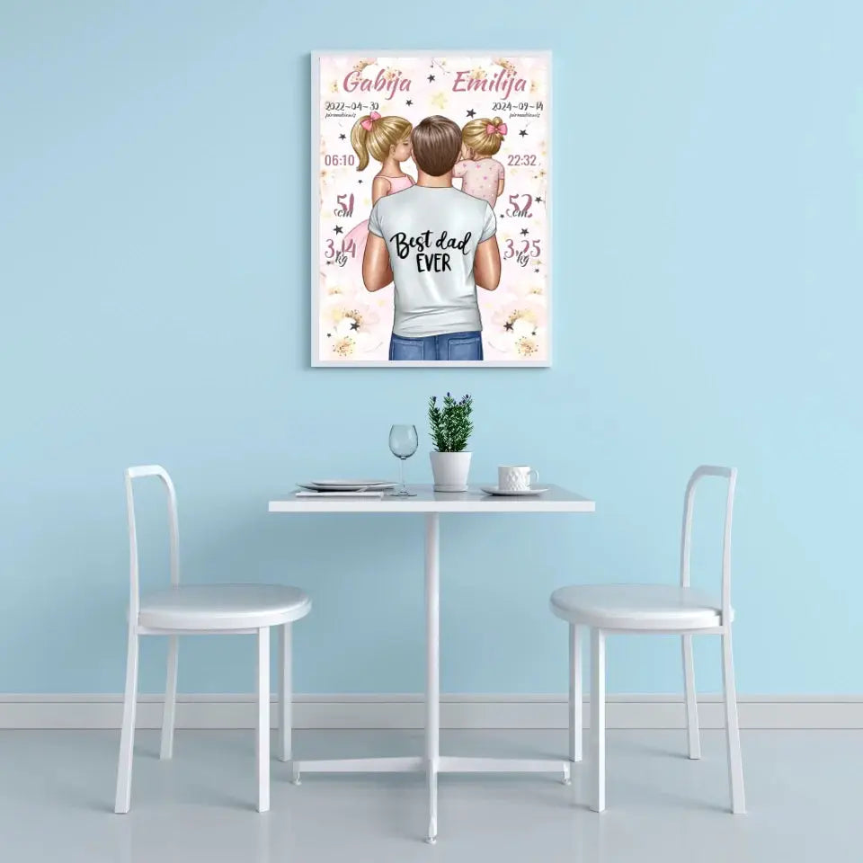 Personalizuota 2 Mergaičiu Gimimo Metrikų Iliustracija, plakatas su rėmeliu  Customizer -  dovanokis.lt