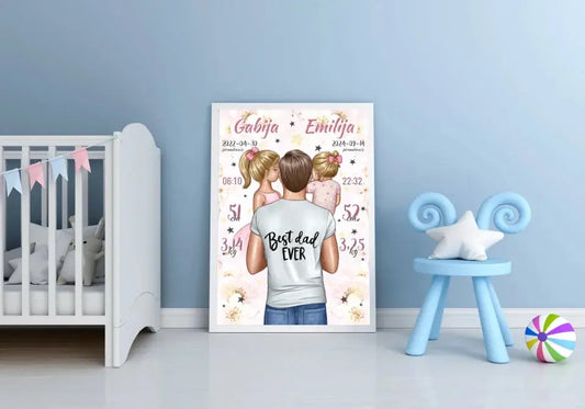 Personalizuota 2 Mergaičiu Gimimo Metrikų Iliustracija, plakatas su rėmeliu  Customizer -  dovanokis.lt