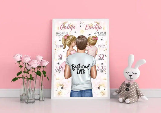 Personalizuota 2 Mergaičiu Gimimo Metrikų Iliustracija, plakatas su rėmeliu  Customizer -  dovanokis.lt