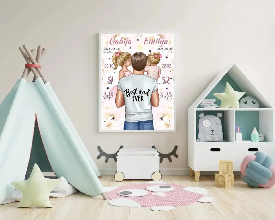 Personalizuota 2 Mergaičiu Gimimo Metrikų Iliustracija, plakatas su rėmeliu  Customizer -  dovanokis.lt