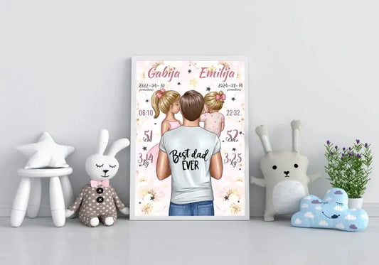 Personalizuota 2 Mergaičiu Gimimo Metrikų Iliustracija, plakatas su rėmeliu  Customizer -  dovanokis.lt