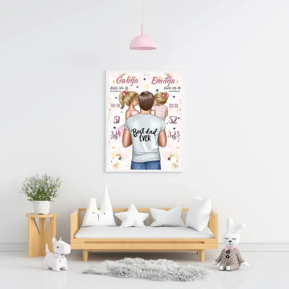 Personalizuota 2 Mergaičiu Gimimo Metrikų Iliustracija, plakatas su rėmeliu  Customizer -  dovanokis.lt