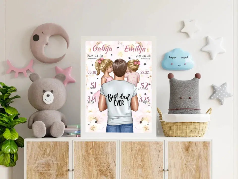 Personalizuota 2 Mergaičiu Gimimo Metrikų Iliustracija, plakatas su rėmeliu  Customizer -  dovanokis.lt