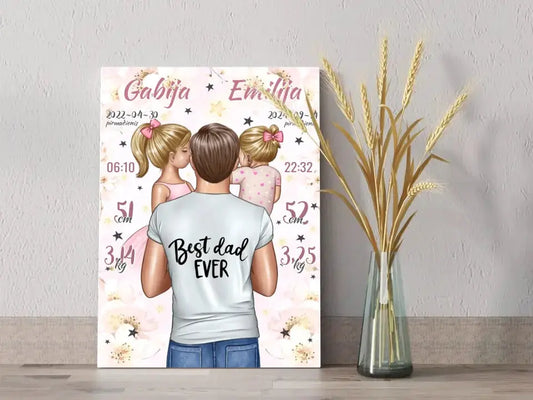 Personalizuota 2 Mergaičiu Gimimo Metrikų Iliustracija ant drobės  Drobe -  dovanokis.lt