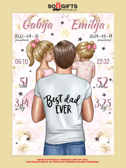 Personalizuota 2 Mergaičiu Gimimo Metrikų Iliustracija ant drobės  Drobe -  dovanokis.lt