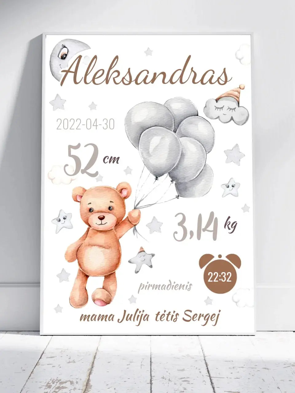 Personalizuota Vaiko Gimimo Metrikų Iliustracija, plakatas su rėmeliu  Customizer -  dovanokis.lt