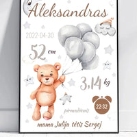 Personalizuota Vaiko Gimimo Metrikų Iliustracija, plakatas su rėmeliu  Customizer -  dovanokis.lt