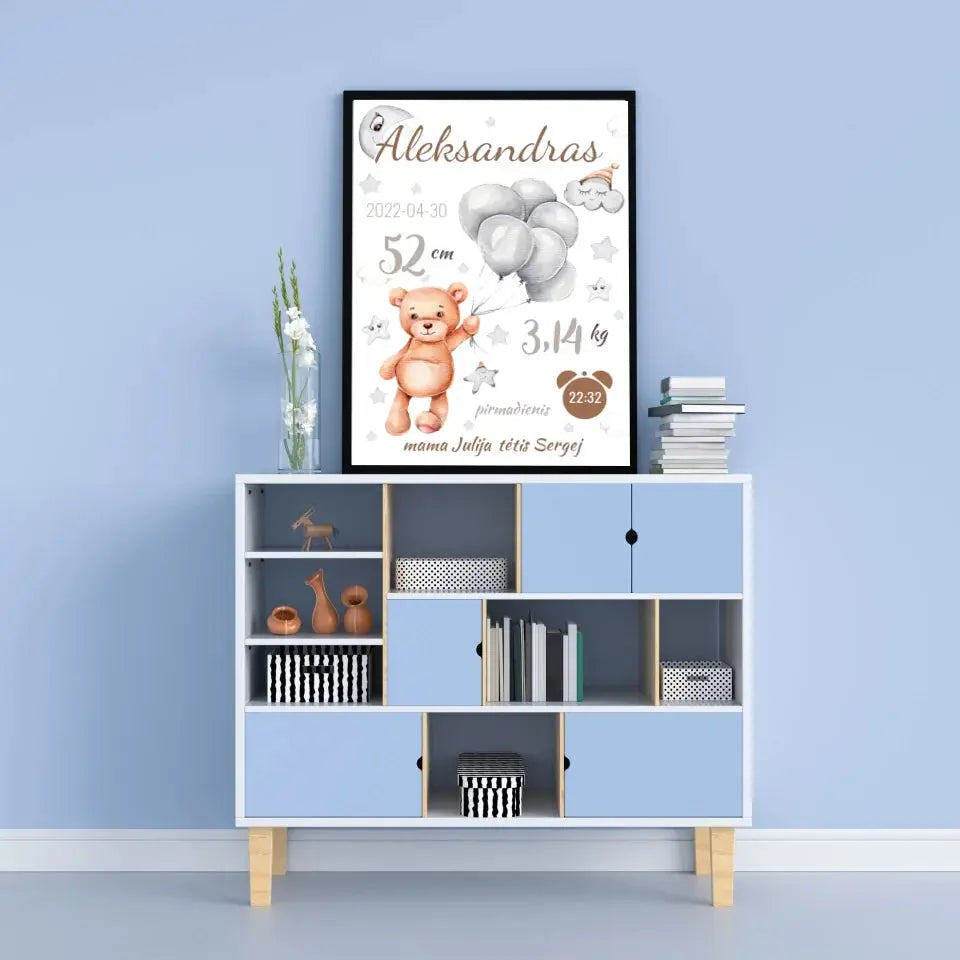 Personalizuota Vaiko Gimimo Metrikų Iliustracija, plakatas su rėmeliu  Customizer -  dovanokis.lt