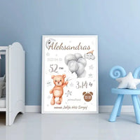 Personalizuota Vaiko Gimimo Metrikų Iliustracija, plakatas su rėmeliu  Customizer -  dovanokis.lt